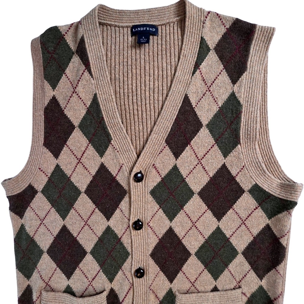 Lands End Mens Argyle Merino Wool Blend Button Front Cardigan Vest Brown Large